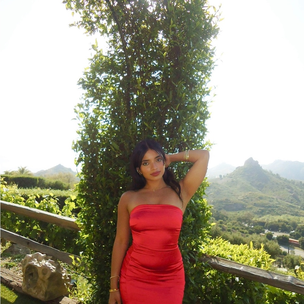 NASTY GAL SILKY RED STRAPLESS DRESS